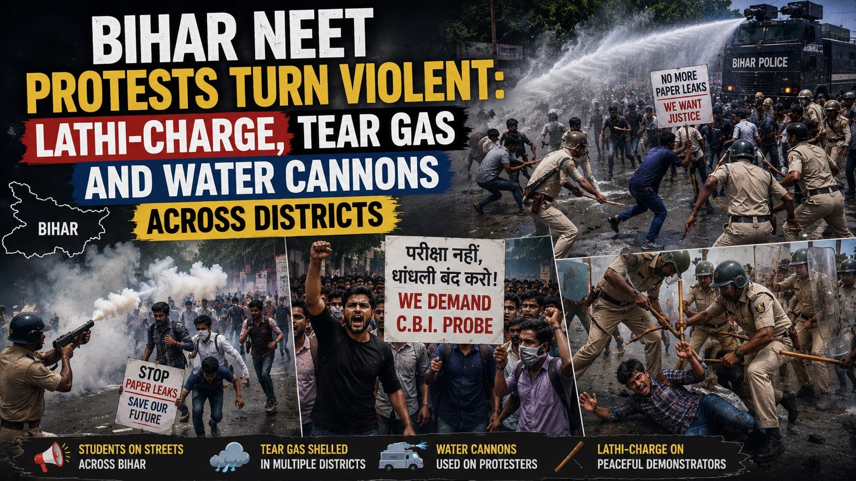 Bihar NEET protests turn violent with police using lathi-charge, tear gas, and water cannons.