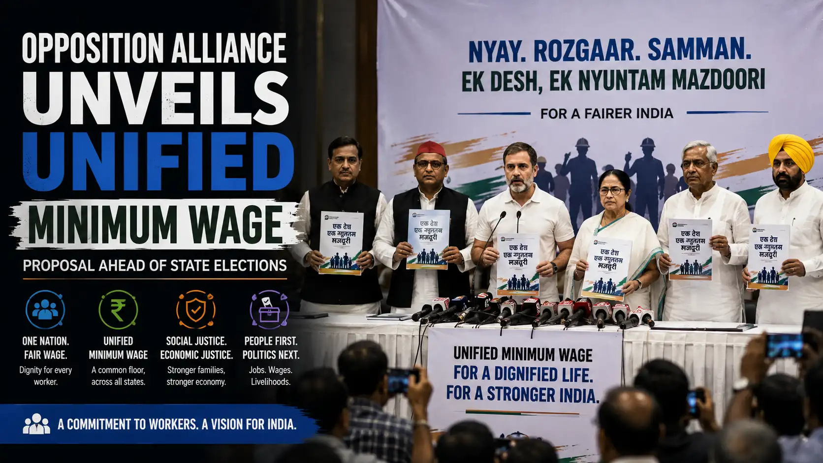 Opposition alliance leaders announce ₹600 national minimum wage proposal